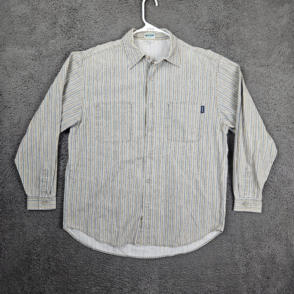 Vintage Guess Jeans Mens Large Striped Button Down Shirt‎ Made in USA